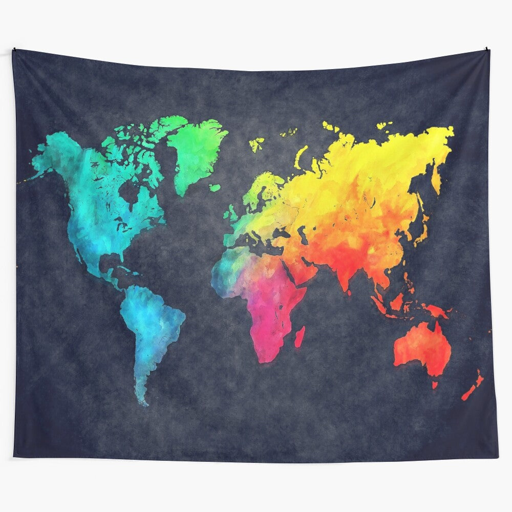 Watercolor world map with typography wall art tapestry