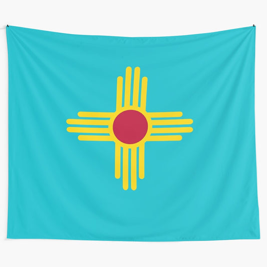 Turquoise tapestry featuring the iconic New Mexico flag design with the Zia sun symbol