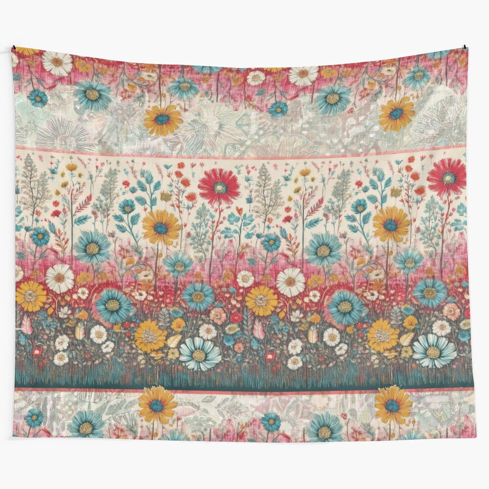 Patchwork garden tapestry with retro hippie-inspired boho patterns and designs