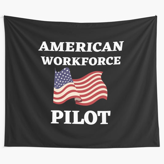 Tapestry depicting American workforce and occupations, including an airline pilot, with the American flag