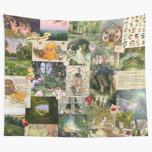 Cottage core collage tapestry with dreamy floral and nature elements