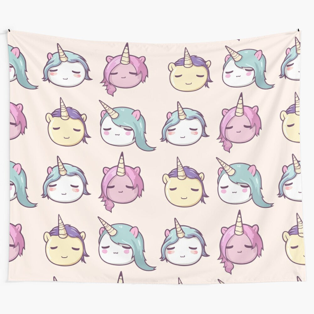 Kawaii unicorn tapestry wall hanging with a pack of cute unicorns