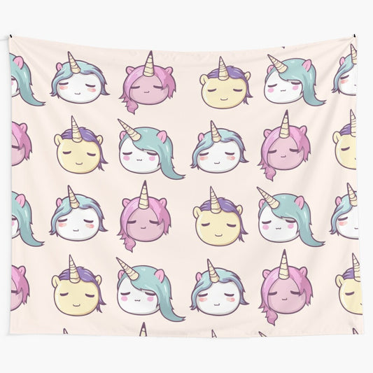 Kawaii unicorn tapestry wall hanging with a pack of cute unicorns