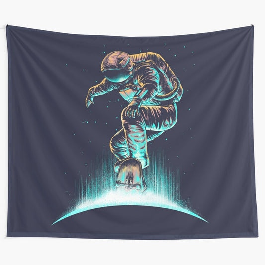 Space-inspired tapestry featuring a skater figure and abstract, neon-lit design