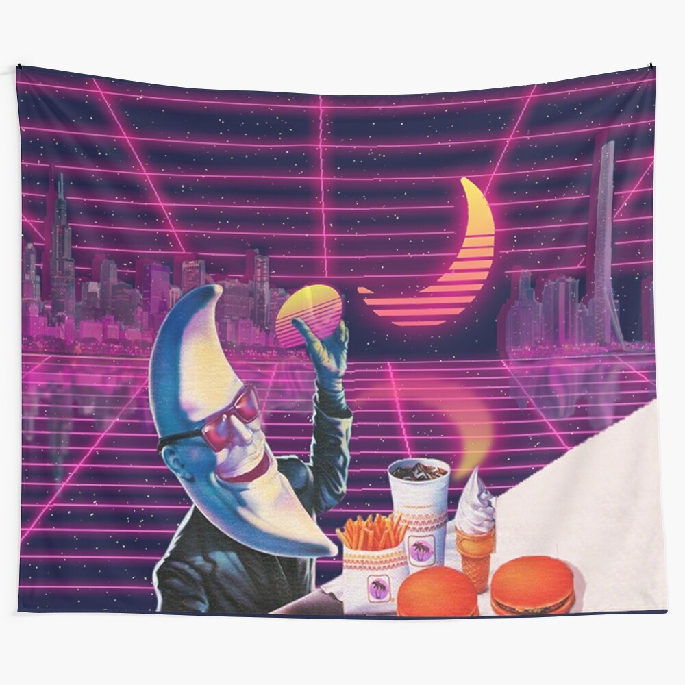 80s retro vaporwave aesthetic tapestry with night city skyline