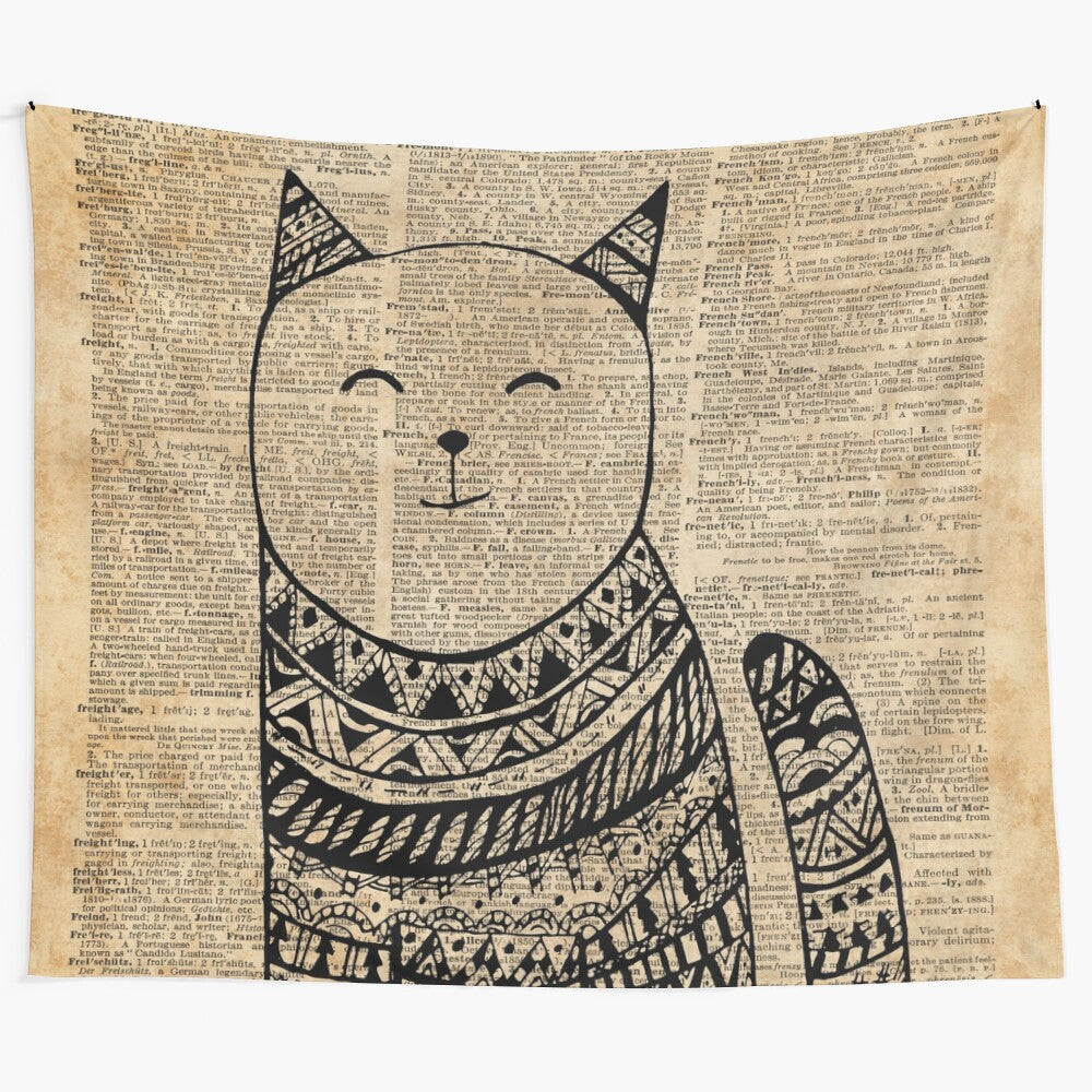 Smiling cat pen and ink doodle design tapestry art