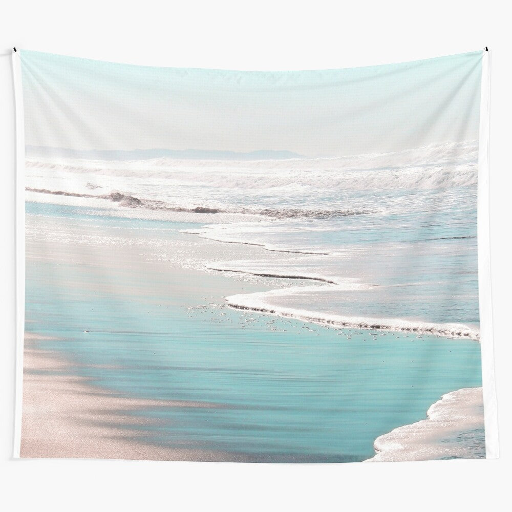 Stunning beach tapestry featuring crashing waves and serene ocean scenery