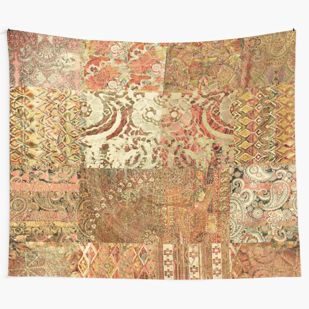 Vibrant desert bohemian tapestry with warm tones of orange, yellow, and red