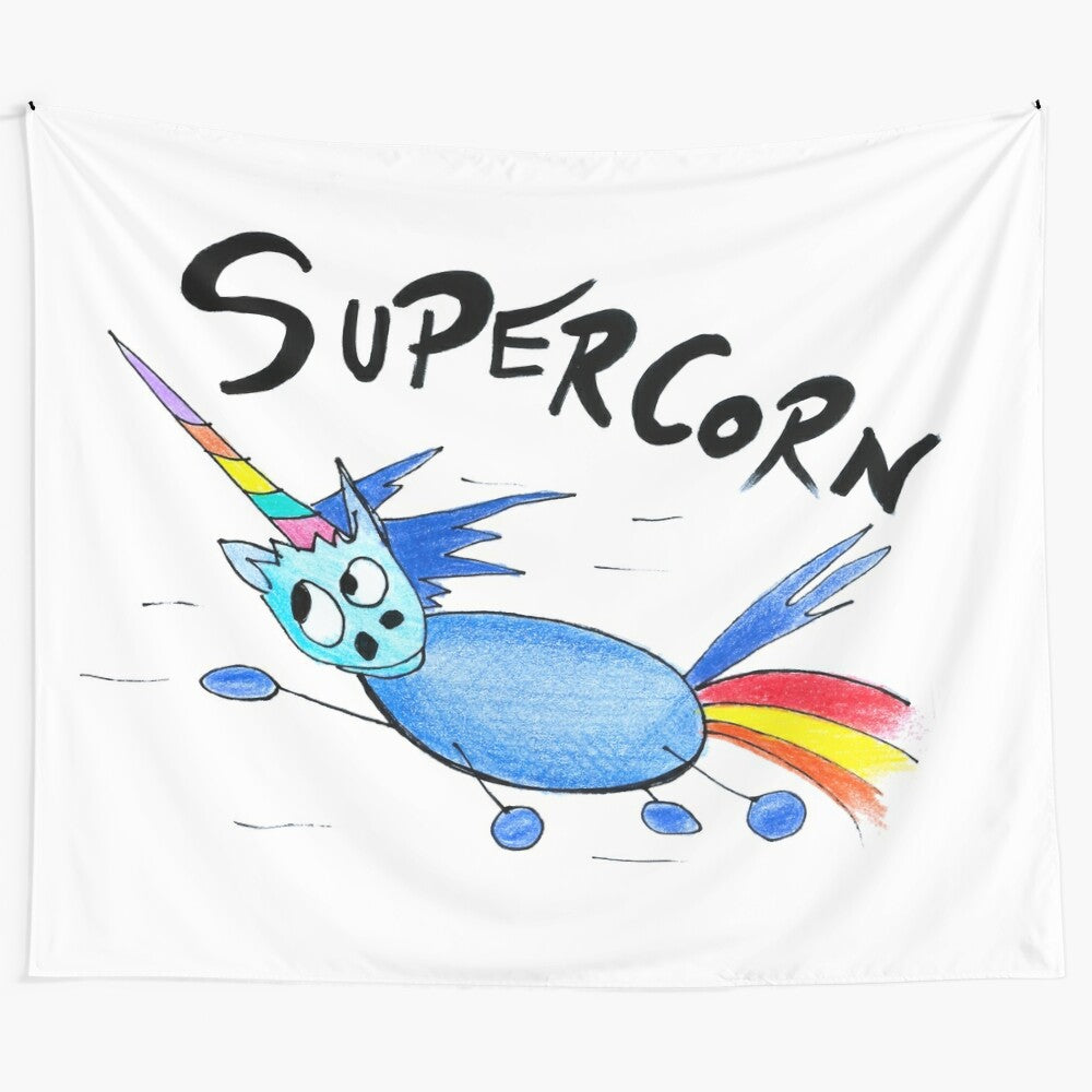 Colorful superhero unicorn artwork tapestry with inspirational quotes