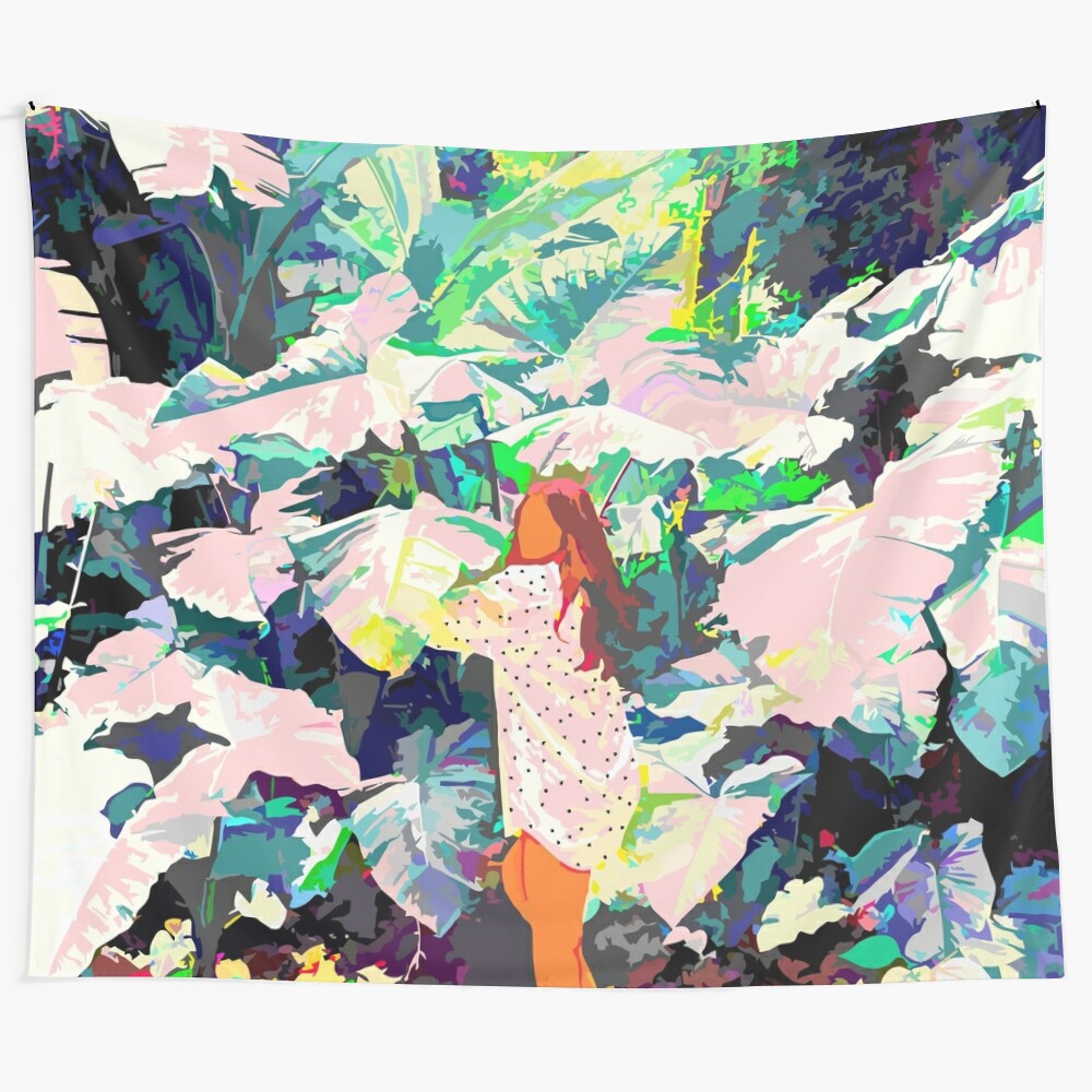 Colorful bohemian jungle tapestry with lush botanical plants and foliage