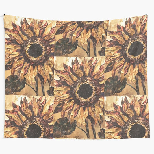 Sunflower tapestry with vibrant yellow petals and green leaves, perfect for home decor