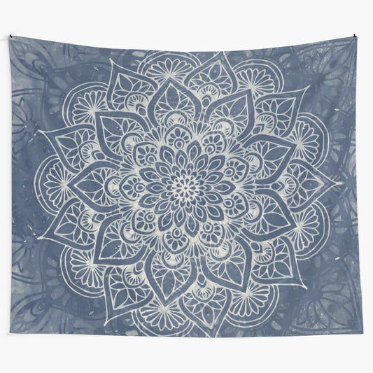 Mandala tapestry in indigo and navy blue colors, bohemian wall hanging for yoga studios and homes