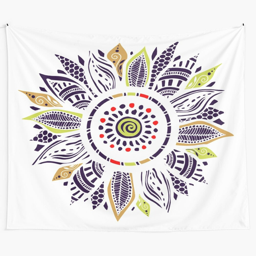 Sunflower Zentangle tapestry with vibrant floral mandala pattern