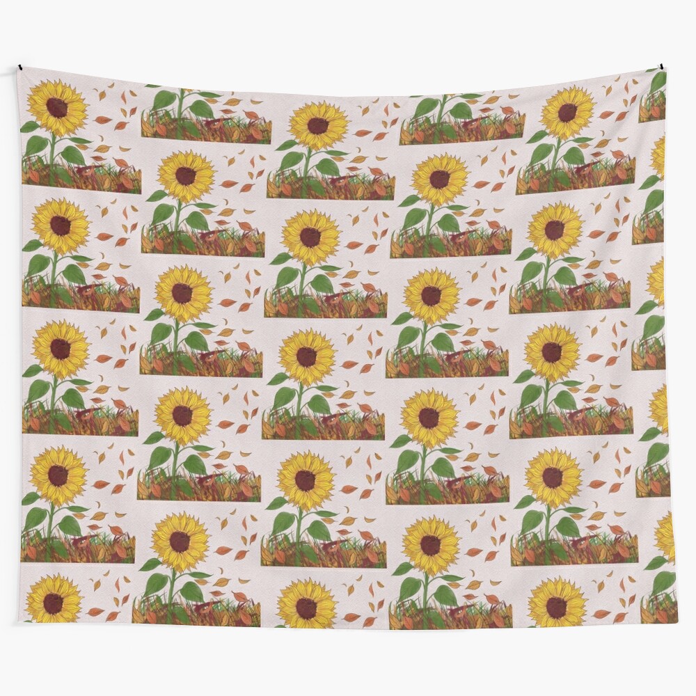 Sunflower tapestry with autumn leaves and seasonal elements