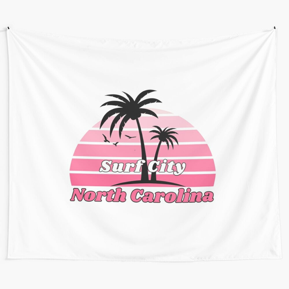 Retro tapestry featuring a palm tree at sunset on a North Carolina beach