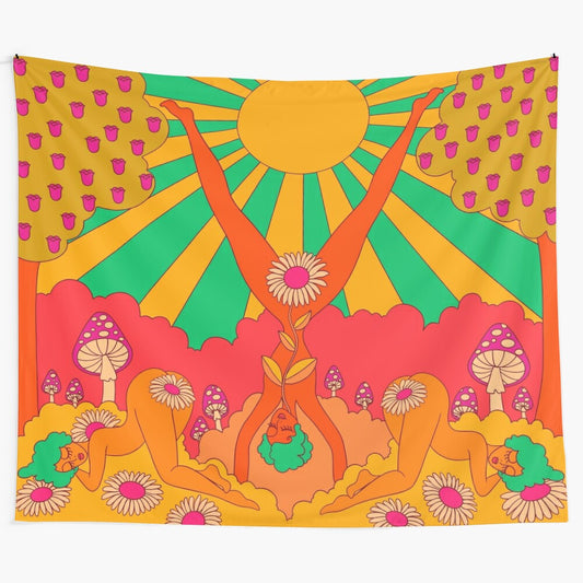 Colorful psychedelic boho tapestry with retro groovy 60s 70s design