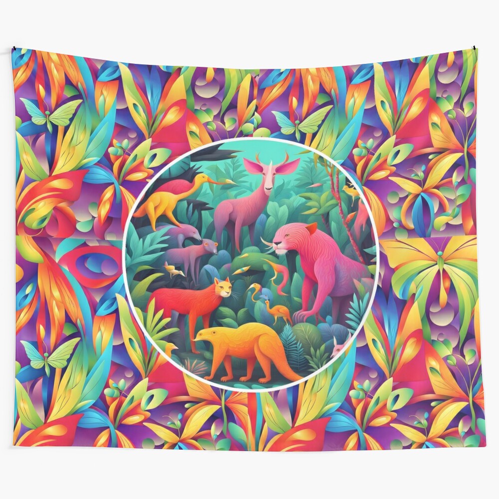 Colorful psychedelic jungle-themed tapestry with abstract nature patterns