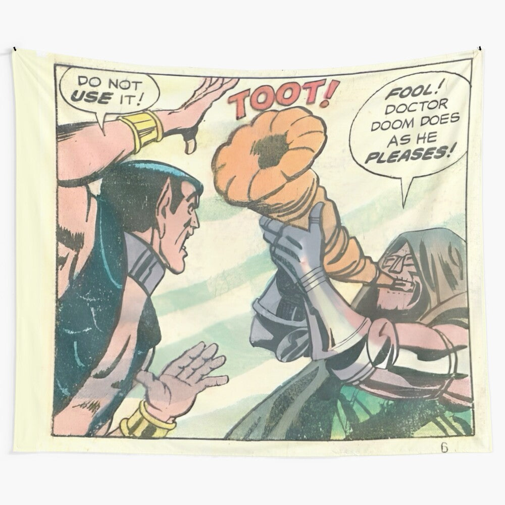 Colorful Doctor Doom tapestry with bold comic book art and retro style