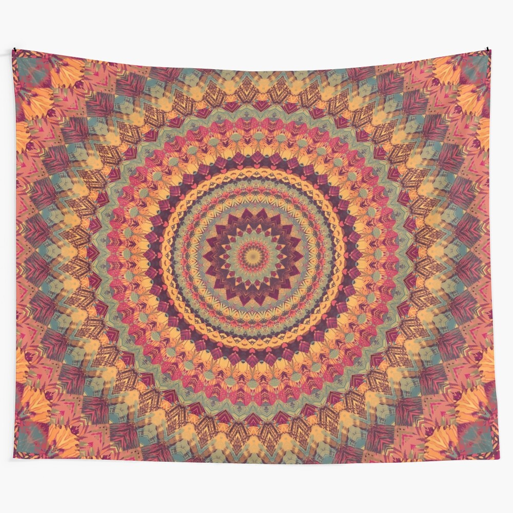 Vibrant mandala tapestry featuring sacred geometry and nature elements