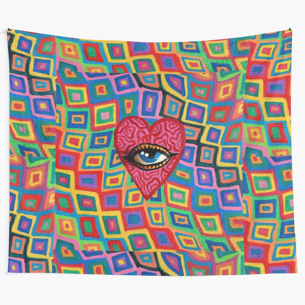 Colorful heart wave tapestry with trippy, psychedelic pattern