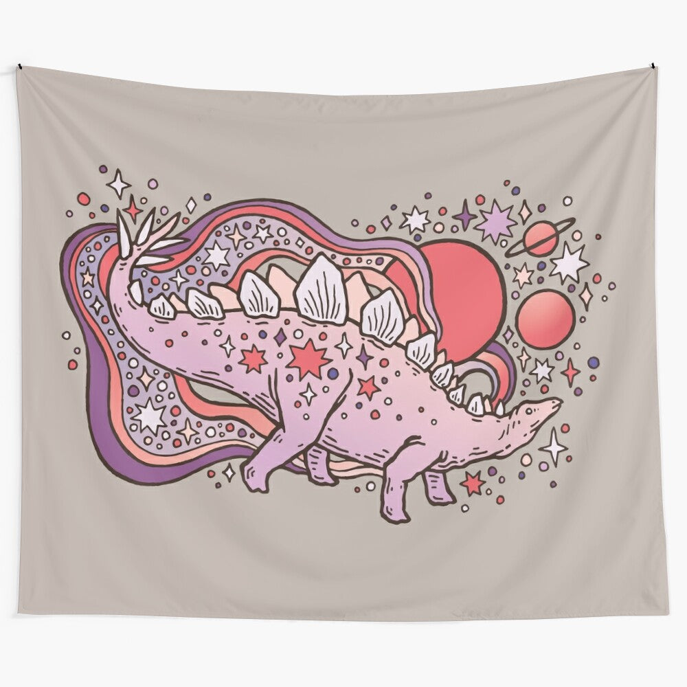 Cosmic dinosaur tapestry featuring a stegosaurus in a galaxy-inspired design