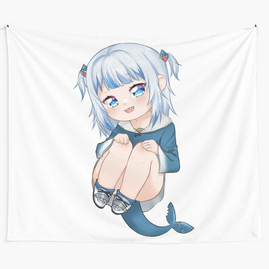 Anime inspired Gawr Gura tapestry featuring the Hololive VTuber character in a chibi style design