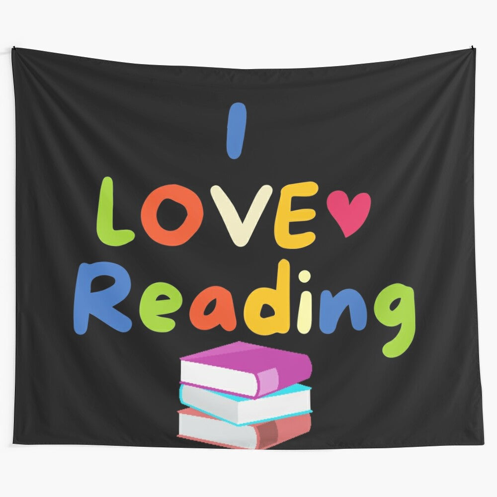 Tapestry featuring the text "I Love Reading" with books and school supplies