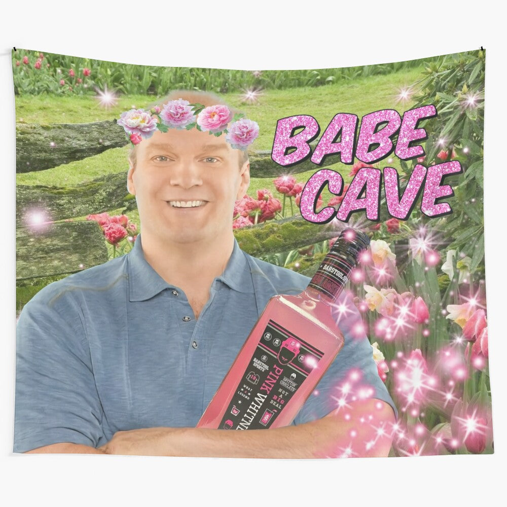 Funny college tapestry featuring a cave, babe, and Bob's cave garden party meme design