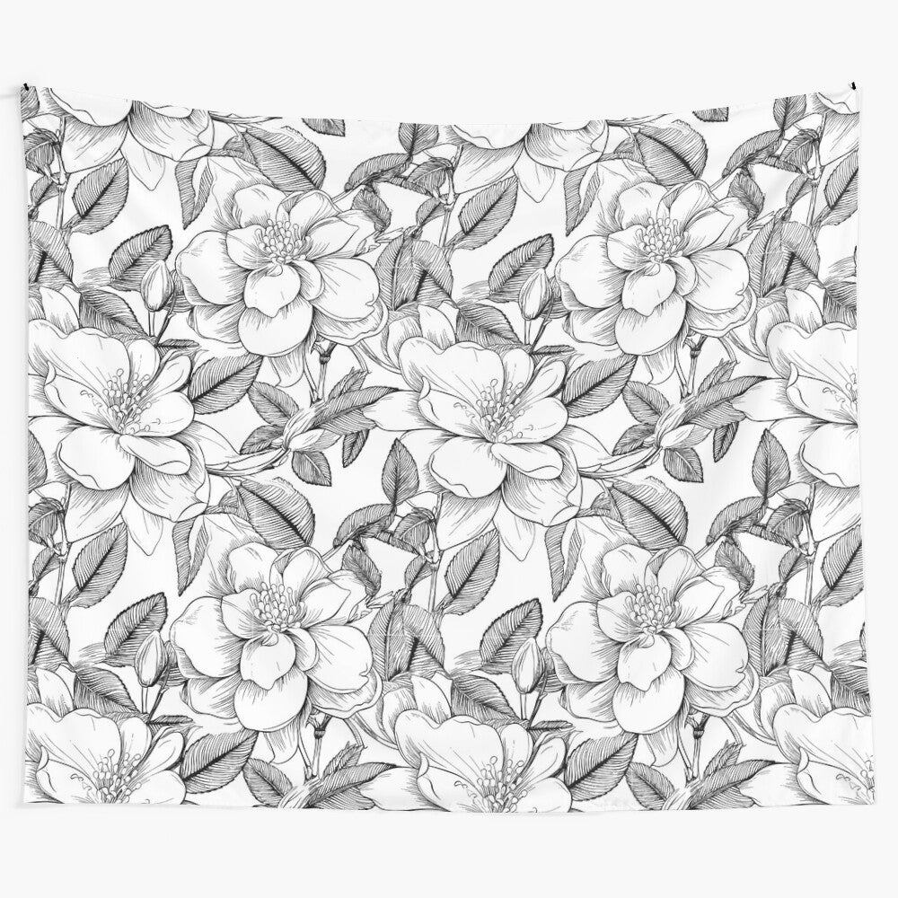 Black and white flower pattern tapestry with a botanical design