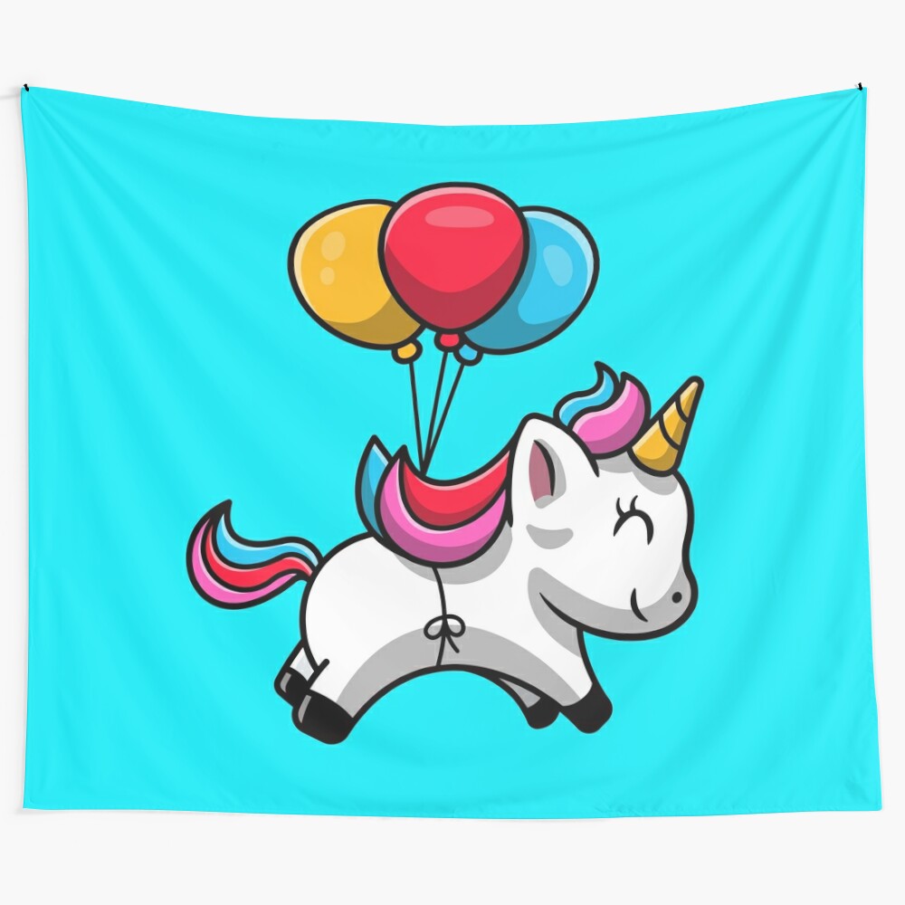 Cute cartoon unicorn floating with a balloon tapestry