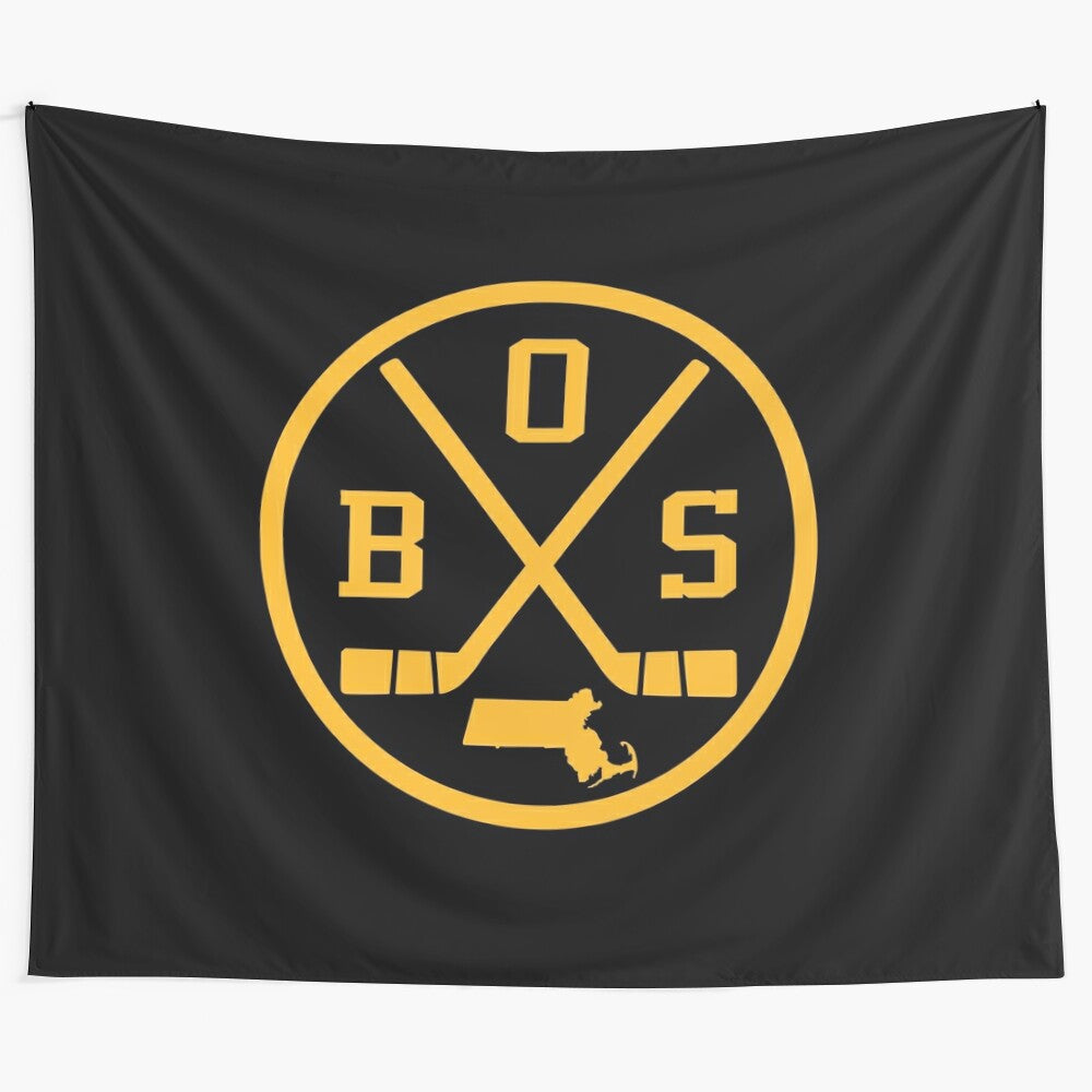 Vintage-style Boston Bruins tapestry wall hanging featuring retro hockey emblem design