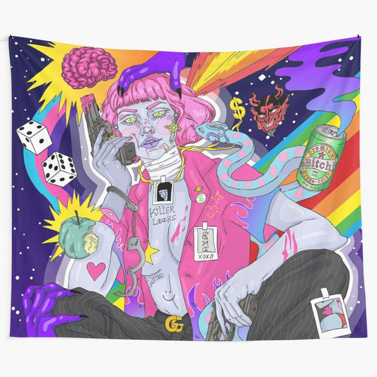 "Space Bitch" tapestry featuring dark, occult, and sci-fi imagery