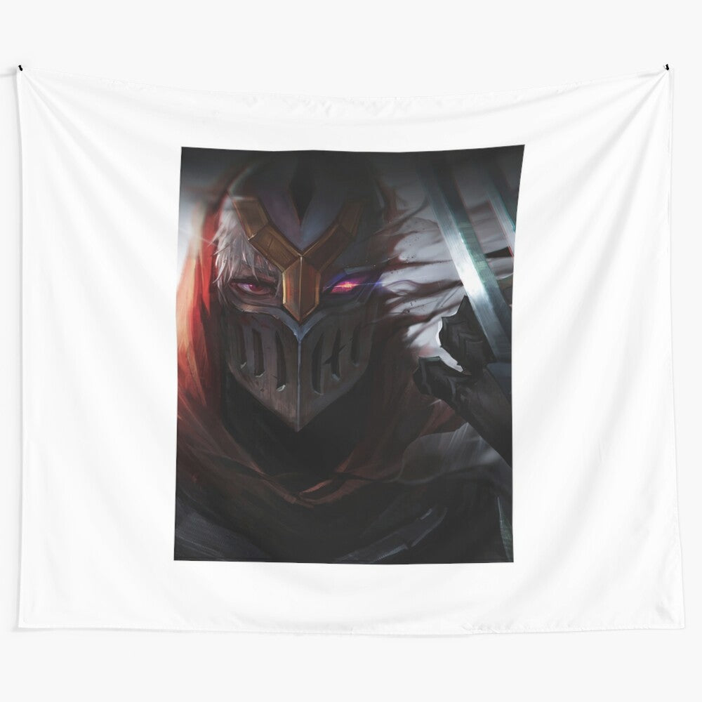 Zed, the League of Legends champion, depicted in a stylized tapestry artwork