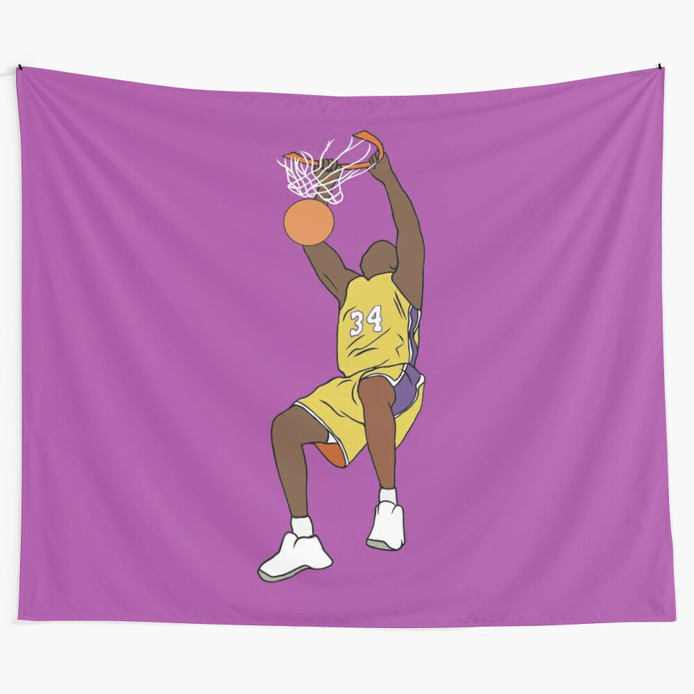 Shaquille O'Neal dunking basketball on sports tapestry