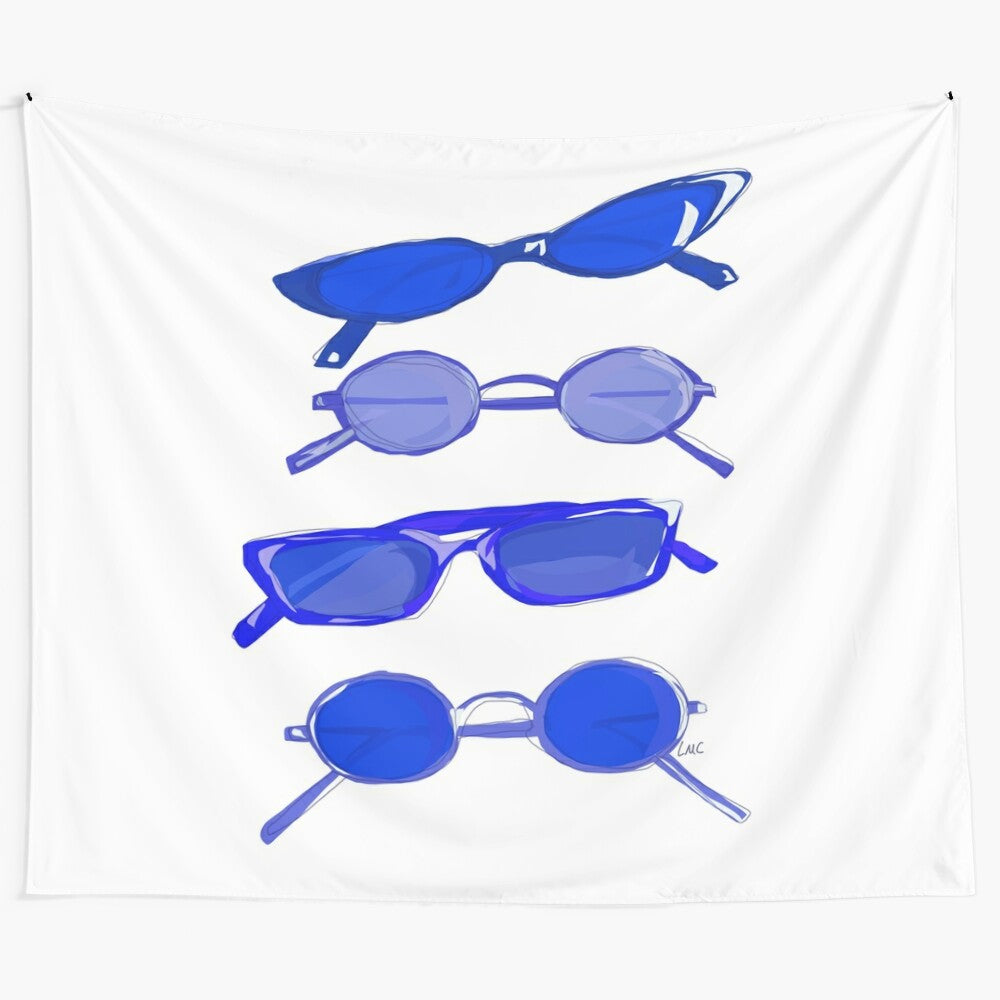 Navy and white patterned tapestry featuring stylish sunglasses