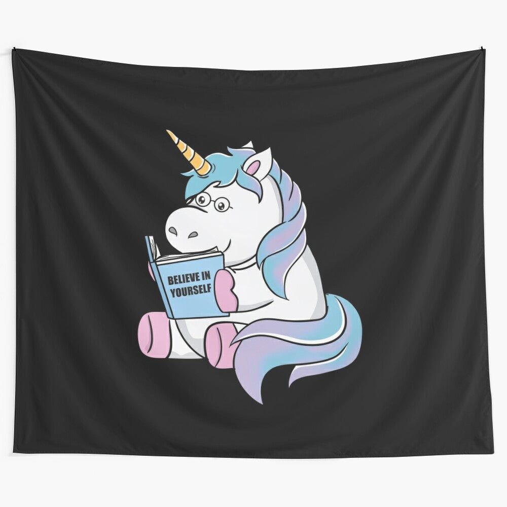 Unicorn tapestry with the text "Believe in Yourself"