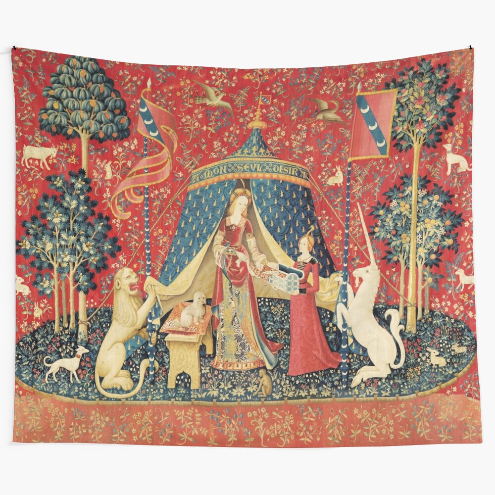 Stunning medieval-inspired tapestry featuring a unicorn, flowers, and heraldic designs