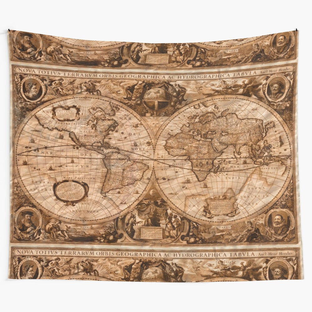 Vintage-inspired world map tapestry with antique cartography design