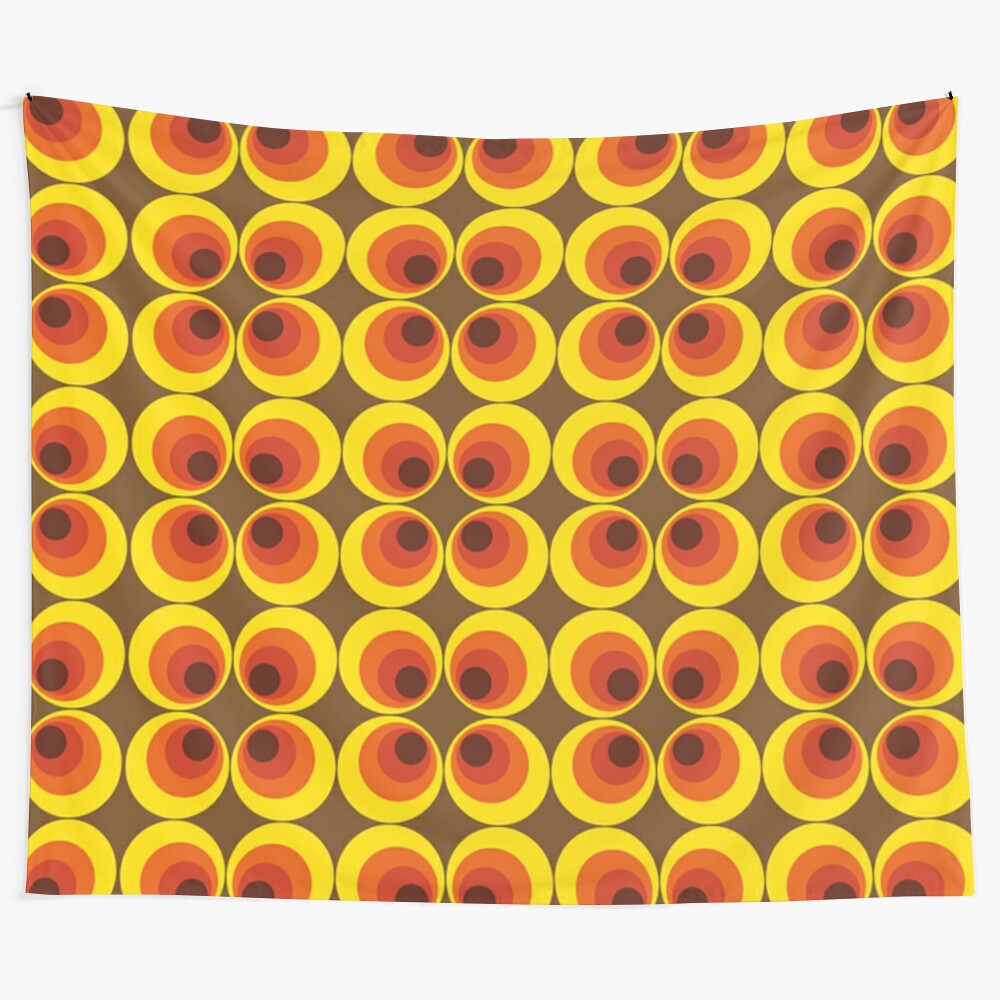 Vintage-style circle pattern tapestry with brown, yellow, and orange tones