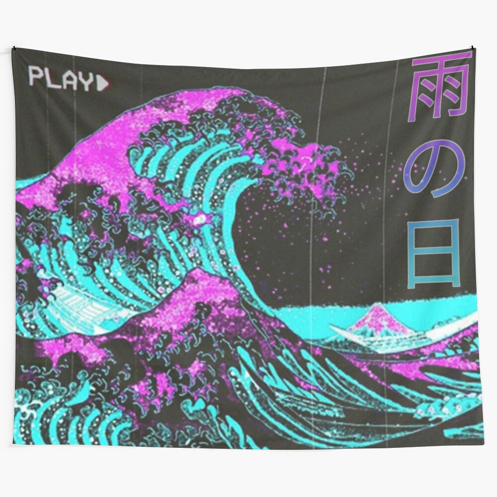 Vaporwave tapestry featuring the iconic Great Wave off Kanagawa design in a psychedelic, digital art style