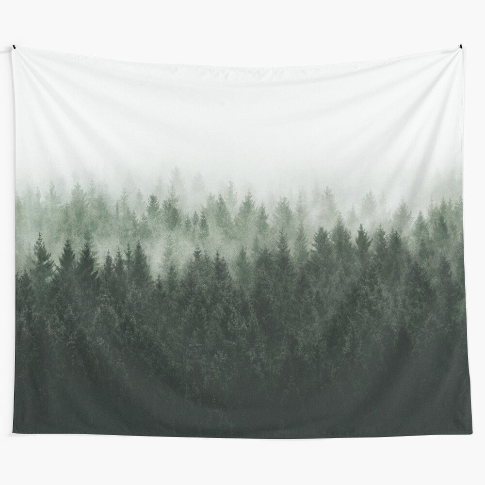 Enchanting misty forest tapestry featuring lush trees and fog-filled wilderness