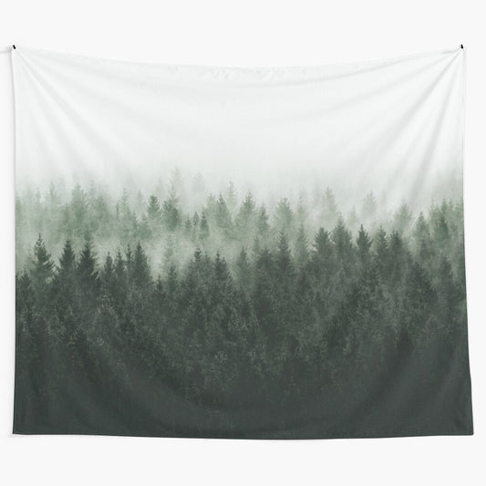 Enchanting misty forest tapestry featuring lush trees and fog-filled wilderness