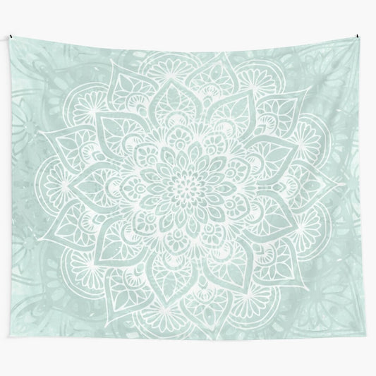 Boho mandala tapestry with flower of life design in teal and pastel colors