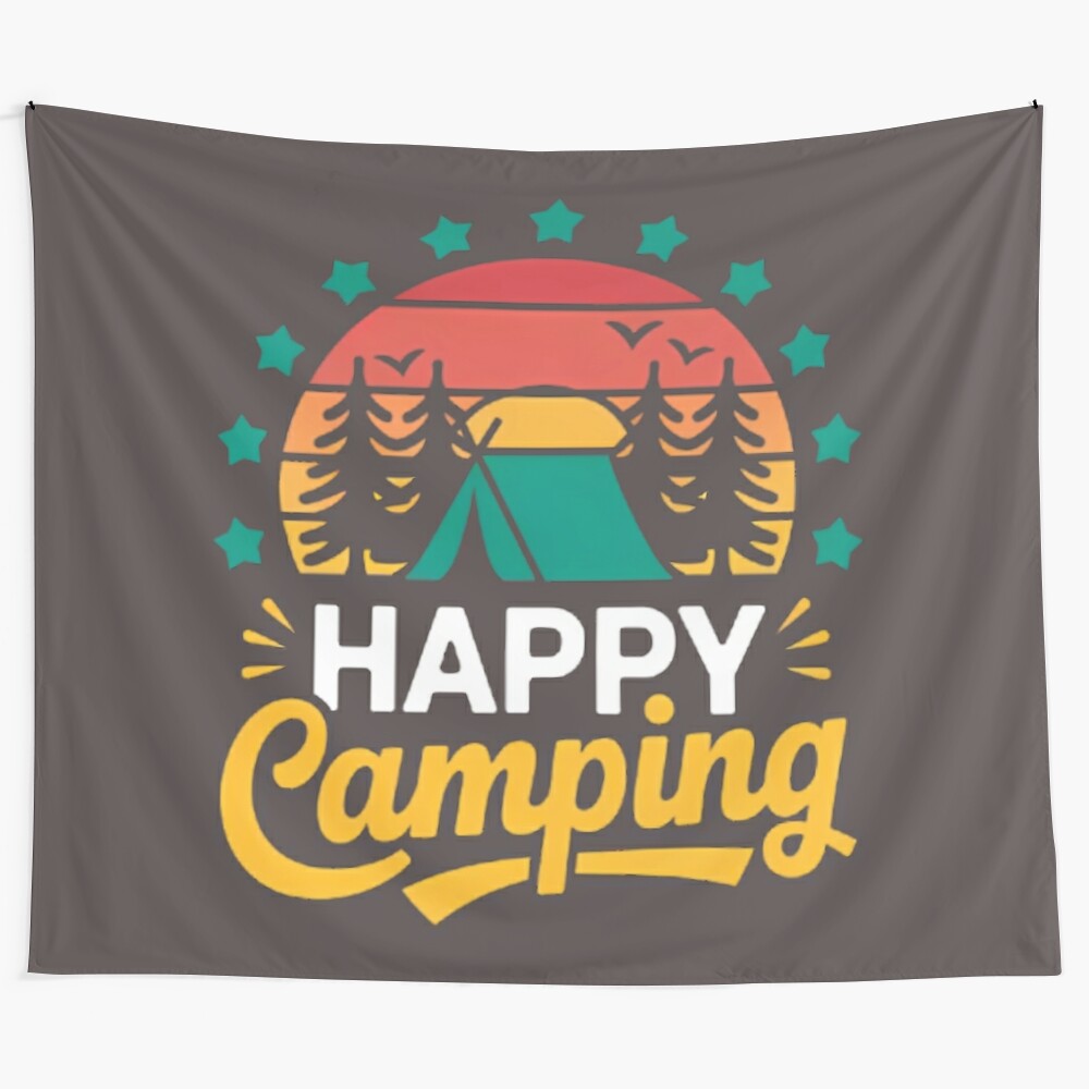 Camping themed tapestry featuring nature, mountains, and outdoor elements