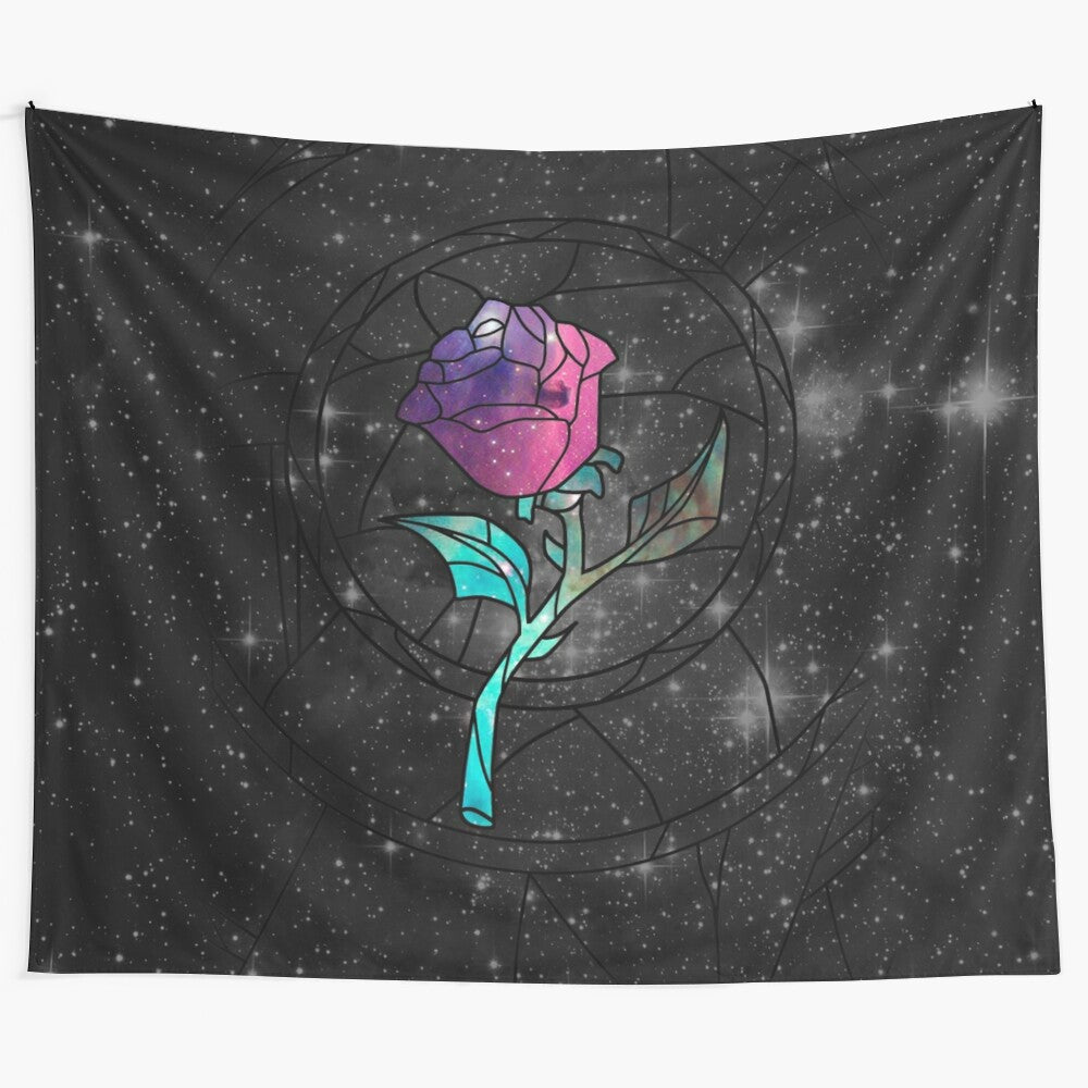 Stained glass rose galaxy tapestry featuring cosmic nebulae