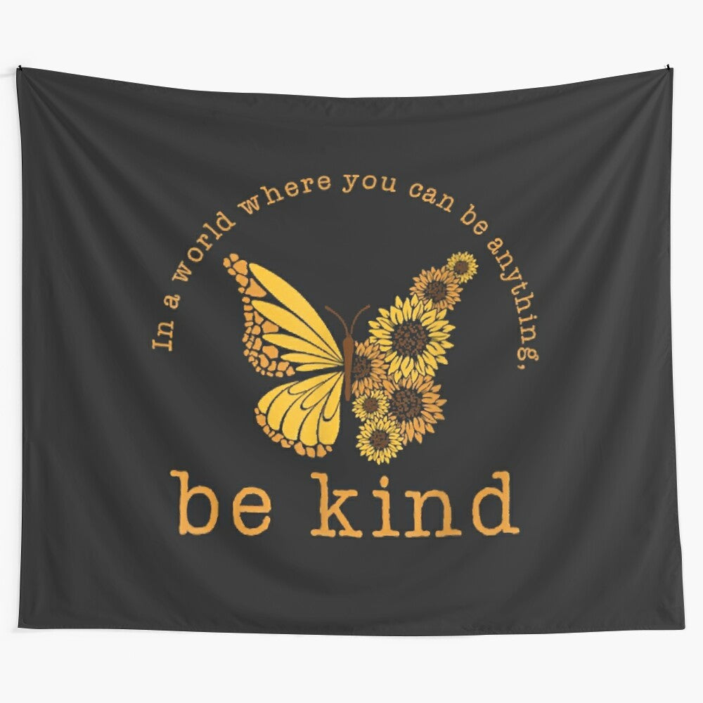 Boho sunflower and butterfly tapestry with the message "Be Kind"