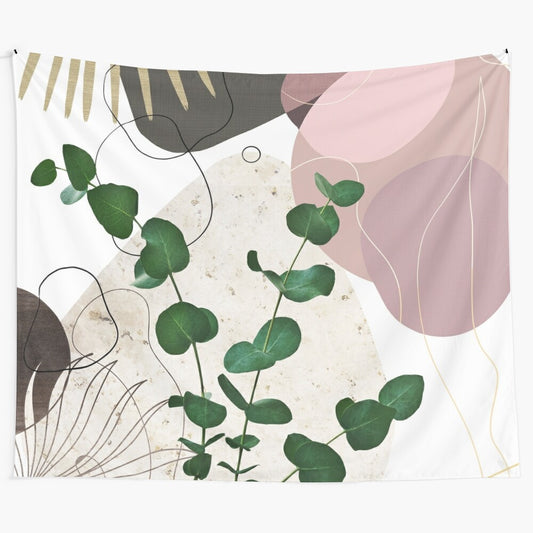 Handmade botanical collage art tapestry featuring abstract eucalyptus fan palm leaves and shapes