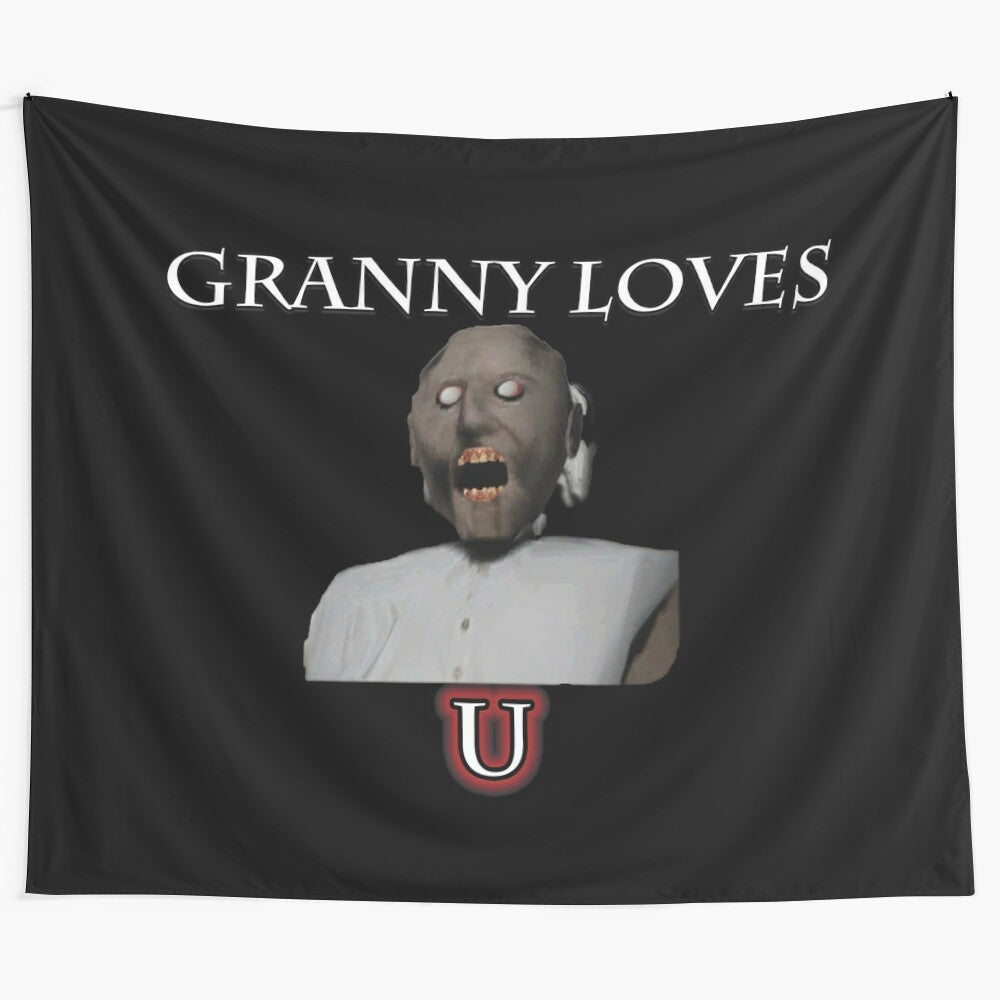 Granny-inspired tapestry with a dark, creepy, and sarcastic design