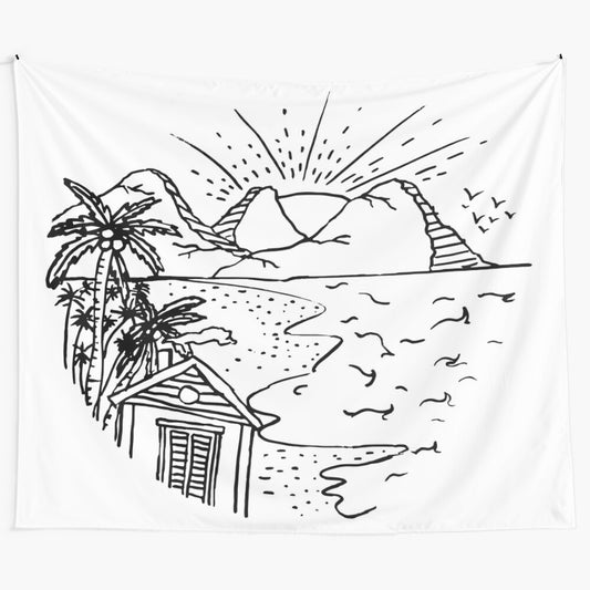 Hand-drawn black and white tapestry featuring a serene coastal landscape with ocean, beach, and palm trees