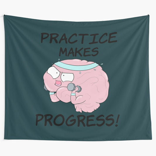 "Practice Makes Progress" educational tapestry featuring the Amoeba Sisters